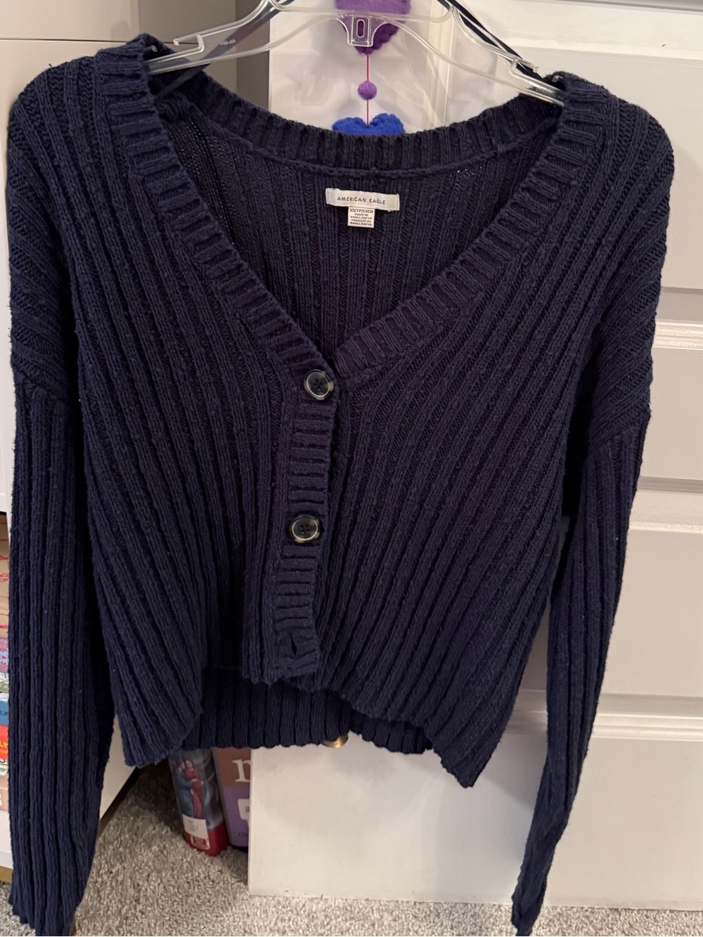 American Eagle Outfitters Dark Navy Ribbed V-Neck Button Cardigan